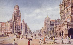 Udsigt over Victoria Terminus  Municipal Building, Bombay (farvelitografi) af English School