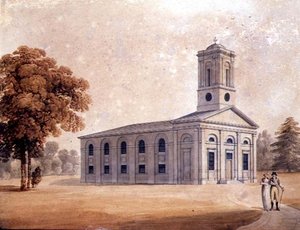 Udsigt til en nyklassicistisk kirke i en park, ca. 1790 (akvarel på papir) af English School
