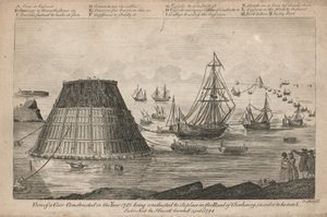 Udsigt over en kegle bygget i år 1785, der føres til sin plads i vejen ved Cherbourg af English School
