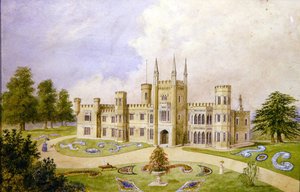 Udsigt over et landsted i gotisk stil med en formel have, ca. 1840 (akvarel på papir) af English School