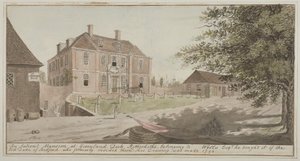 Udsigt over et gammelt palæ ved Grønlandshavnen i Rotherhithe, Bermondsey, 1796 (wc på papir) af English School