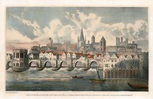 Udsigt over østsiden af Old London Bridge fra BM Royal MSS af English School