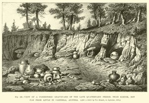 View of prehistoric graveyard of the Late Quaternary Period, near Klenik, not far from Littai in Carniola, Austria  af English School