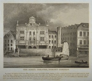 Ansicht des Dukes Theatre, Dorset Gardens, von der Themse aus, 1814