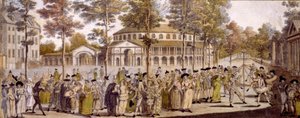 Udsigt over Jubilee Ball, Ranelagh Gardens, til fejring af fødselsdagen for George, Prince of Wales, den 24. maj 1759 (håndfarvet gravering) af English School