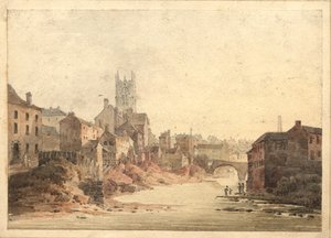 Udsigt over floden Irwell, Manchester, ca. 1820-30 (wc på papir) af English School