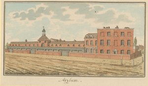 Udsigt over asylet i St Georges Fields (wc på papir) af English School