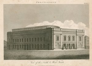 Udsigt over nord- og vestfronten af Drury Lane Theatre, London af English School