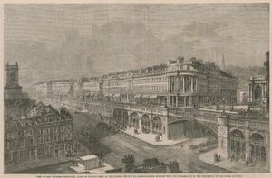 Udsigt over den foreslåede vej eller viadukt på højt niveau fra St Sepulchres Church til Hatton Gardens af English School