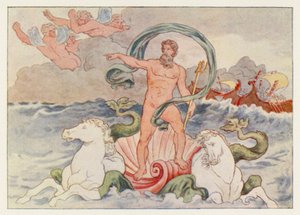 Virgils Aeneid: Neptun stiller the Waves (farve litho) af English School