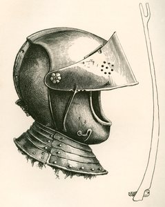 Visiret hjelm fra ca. 1643. Stykket på siden er visirstøtten i fuld størrelse, der bruges til at holde visiret i forskellige vinkler i henhold til det anvendte hak, fra The British Army: Its Origins, Progress and Equipment, udgivet 1868. af English School