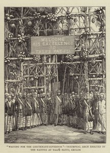 "Warten auf den Vizegouverneur", Triumphbogen, errichtet von den Einheimischen in Talpe Pattu, Ceylon