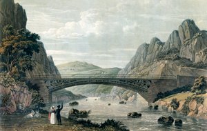 Waterloo Bridge over floden Conwy, Wales (farvegravering) af English School