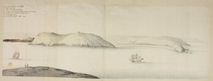 Vestindgangen til Cork Harbour, fra Kidds, eller ko og kalv, til Cross Beg Island; West Entrance of Cork Harbour, der viser Halbowlin Island, Spike Island og Cross Haven, ca. 1684 (pen & blæk & akvarel på papir) af English School