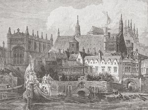 Westminster Hall set fra Themsen under Charles I
