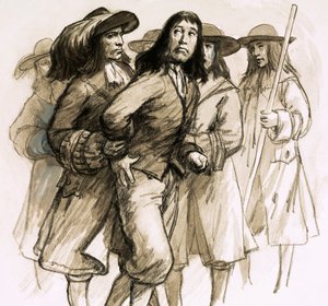 Da James II abdicerede, flygtede den forhadte dommer Jeffreys for sit liv (gouache på papiret) af English School
