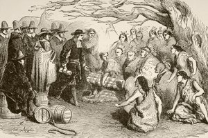William Penn indgår en traktat med Delaware- eller Lenape-indianerne i 1682 (litho) af English School