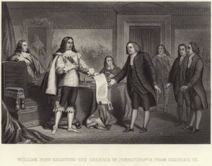 William Penn modtog Pennsylvanias charter fra Charles II af English School
