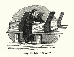 Winchester College: Boy at his "Scob" (gravering) af English School