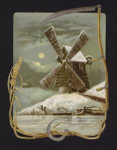 Vindmølle i sneen (chromolitho) af English School