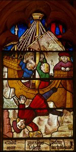 Window SaEw, der skildrer en scene fra en legende om St. Nicholas: drengens mirakel og koppen: drengen, der er betroet en Golden Cup, falder i havet på vej til Bari. af English School