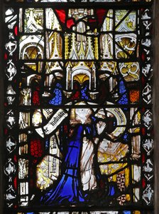 Vindue n4 viser en gejstlig med rulle af English School