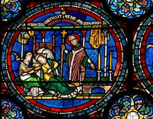 Vindue n4, der viser en scene fra et St Thomas Becket Miracle-vindue: Julia Puintel fik besked på at gå til graven af English School