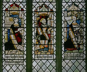 Vindue w2 viser Elizabeth Pigot, Sir Thomas Clopton, Catherine Mylde af English School