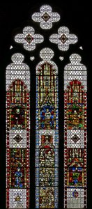Vindue w32, der viser St. George, St. Lawrence, St. Stephen, St. Cuthbert, St. Peter, St. Anne, St. Joachim af English School