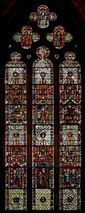 Vindue w39, der forestiller St Laurence, St Denys og St Eleutherius martyrdomme af English School