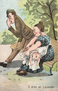 Kvinde skifter en baby i parken (farve litho) af English School