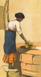 Kvinde henter vand op fra en brønd i Sri Lanka (farvelitografi) af English School