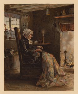 Kvinde syr et patchworktæppe (chromolitho) af English School