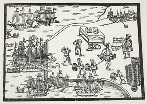Træsnit, der illustrerer vinhandelen mellem Bordeaux og England af English School