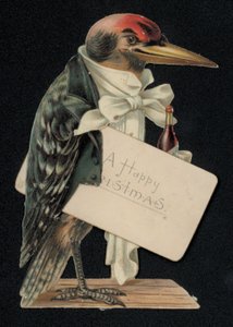 Spætte klædt ud som tjener eller butler, julehilsenskort (chromolitho) af English School