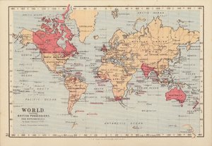 Verden viser britiske besiddelser og afhængigheder (farvelitografi) af English School