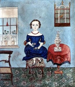 Ung pige danser på en stol i et interiør, ca. 1840 (akvarel på papir) af English School