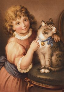 Ung pige med en kat (chromolitho) af English School