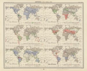 Zoogeografi: Amfibier, Anura, Urodela, Apoda (farvelitografi) af English School