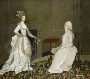To damer i et interiør, den ene læser, den anden holder en blomsterkrans af English School, 18th Century