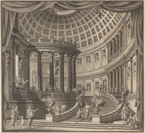 Design til et scenegardin: Det indre af et udførligt tempel dedikeret til illustere mænd