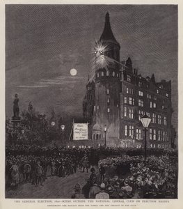 Annoncering af resultaterne af 1892-generalforsamlingen fra Liberal Club, Westminster, London (litho) af Enoch Ward