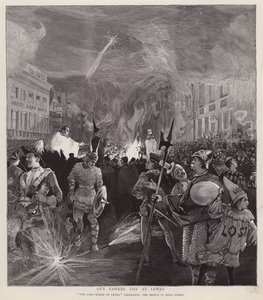 Guy Fawkes Day procession i Lewes, Sussex, 5. november 1892 (litho) af Enoch Ward