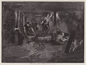 Minearbejdere, der arbejder under jorden ved kulfladen (litho)