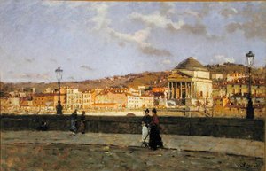 Kajen langs Po-floden og kirken Grande Madre di Dio, Torino, 1882 af Enrico Reycend