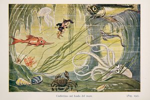 Ciuffettino på havbunden, illustration fra The Adventures of Ciuffettino af Enrico de Conti Novelli