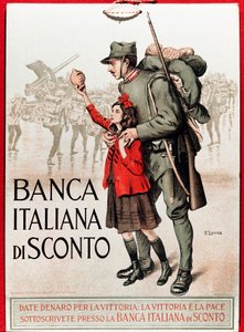 Første Verdenskrig: Italiensk plakat, der opmuntrer til et nationalt lån, der repræsenterer en soldat med en lille pige, der tilbyder sin lire - Illustration af Enrico della Leonessa (Løvvinde) (1875-1921)
