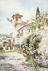 Et andalusisk hus og have om sommeren (blyant og w/c) af Enrique Marin Higuero
