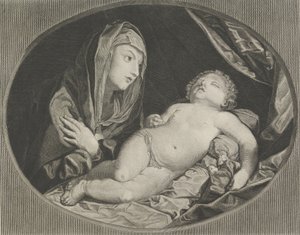 Jomfruen med armene over kors over brystet og ser på det sovende spædbarn Kristus, i..., 1770-1834. af Ephraim Gottlieb Krüger