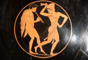 Drinking Cup, Kylix of Girl Dancing with Youth Playing Flute, Attic, c510 BC af Epikektos